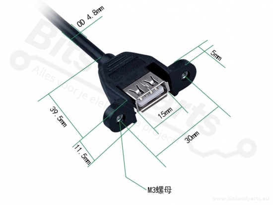 USB Chassisdeel met kabel USB A Female naar USB Micro Male